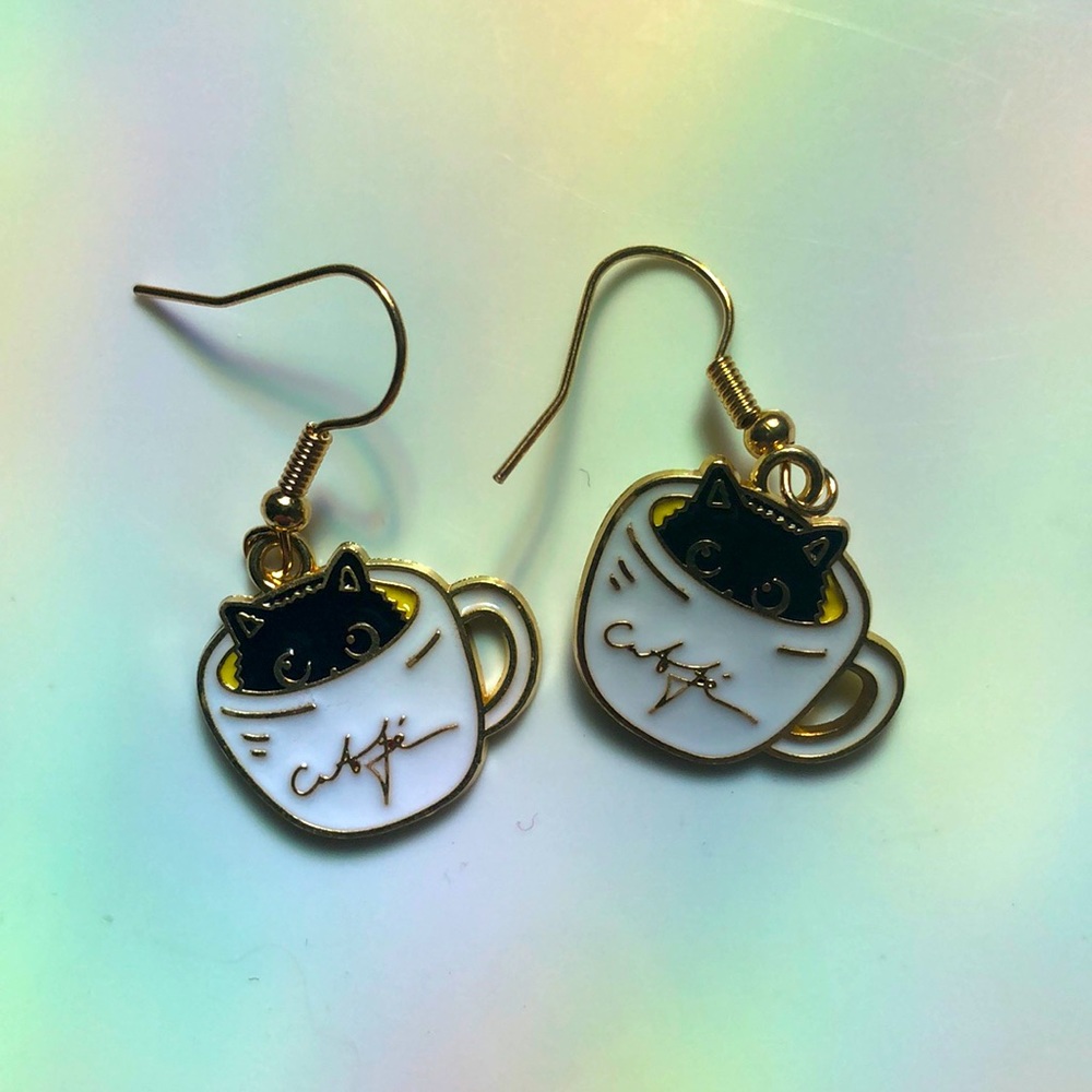 Black Cat Coffee Mug Drop Earrings